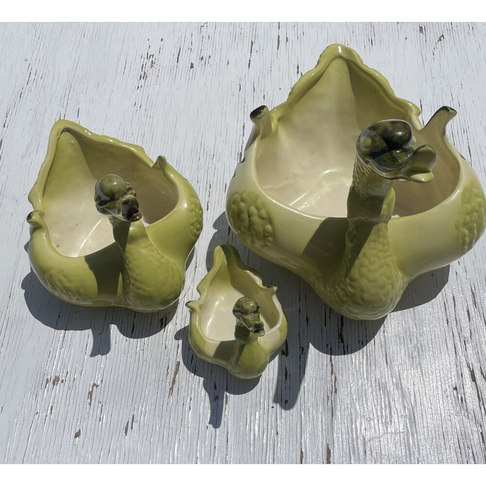 VTG. / MID CENTURY MODERN SET of 3 HULL GREEN DUCK SWAN PLANTERS VASES BOWLS